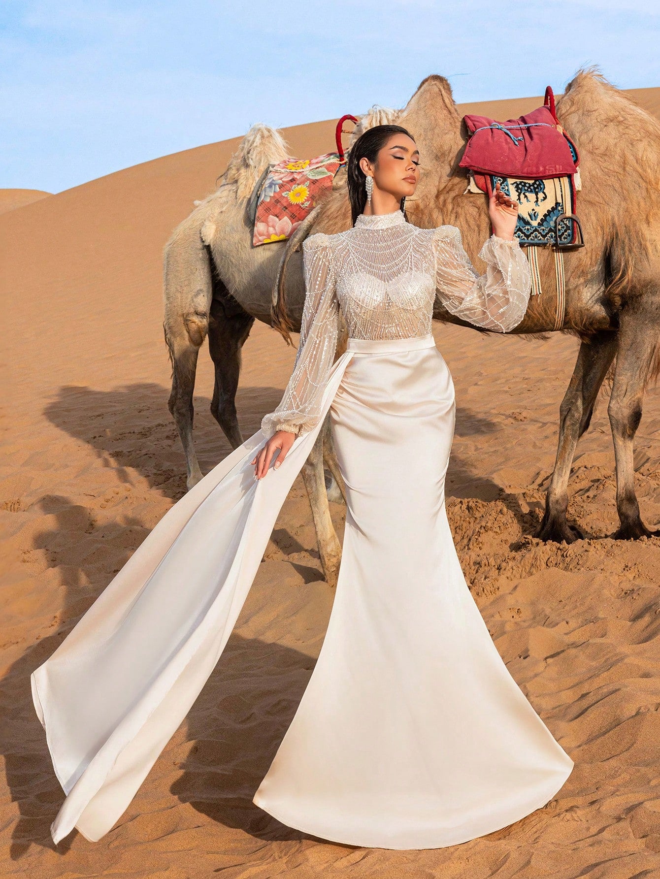 Gorgeous Elegant Stand Collar Long Sleeves Standard Shoulder Beaded Bodice Mermaid Hem Formal Party Dress&Evening Dress