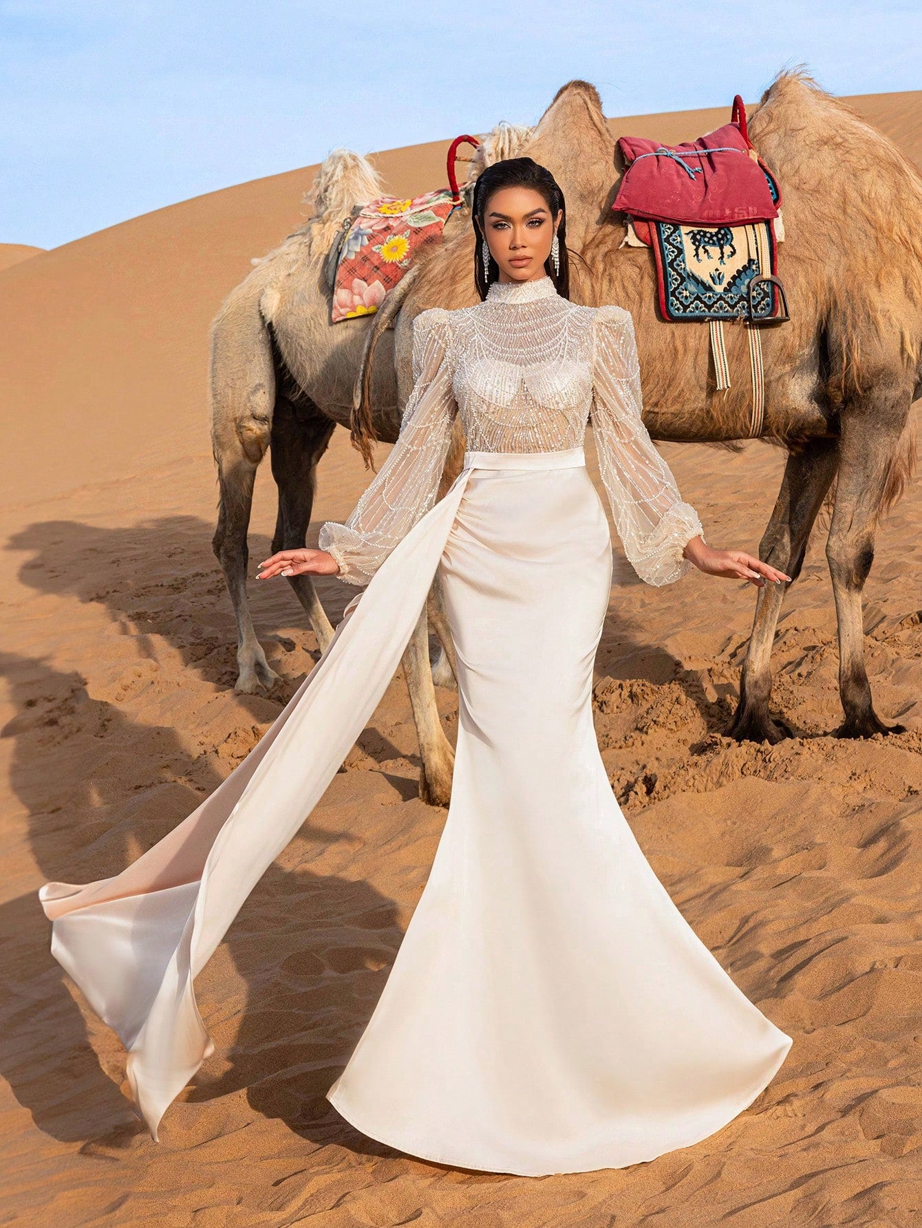 Gorgeous Elegant Stand Collar Long Sleeves Standard Shoulder Beaded Bodice Mermaid Hem Formal Party Dress&Evening Dress