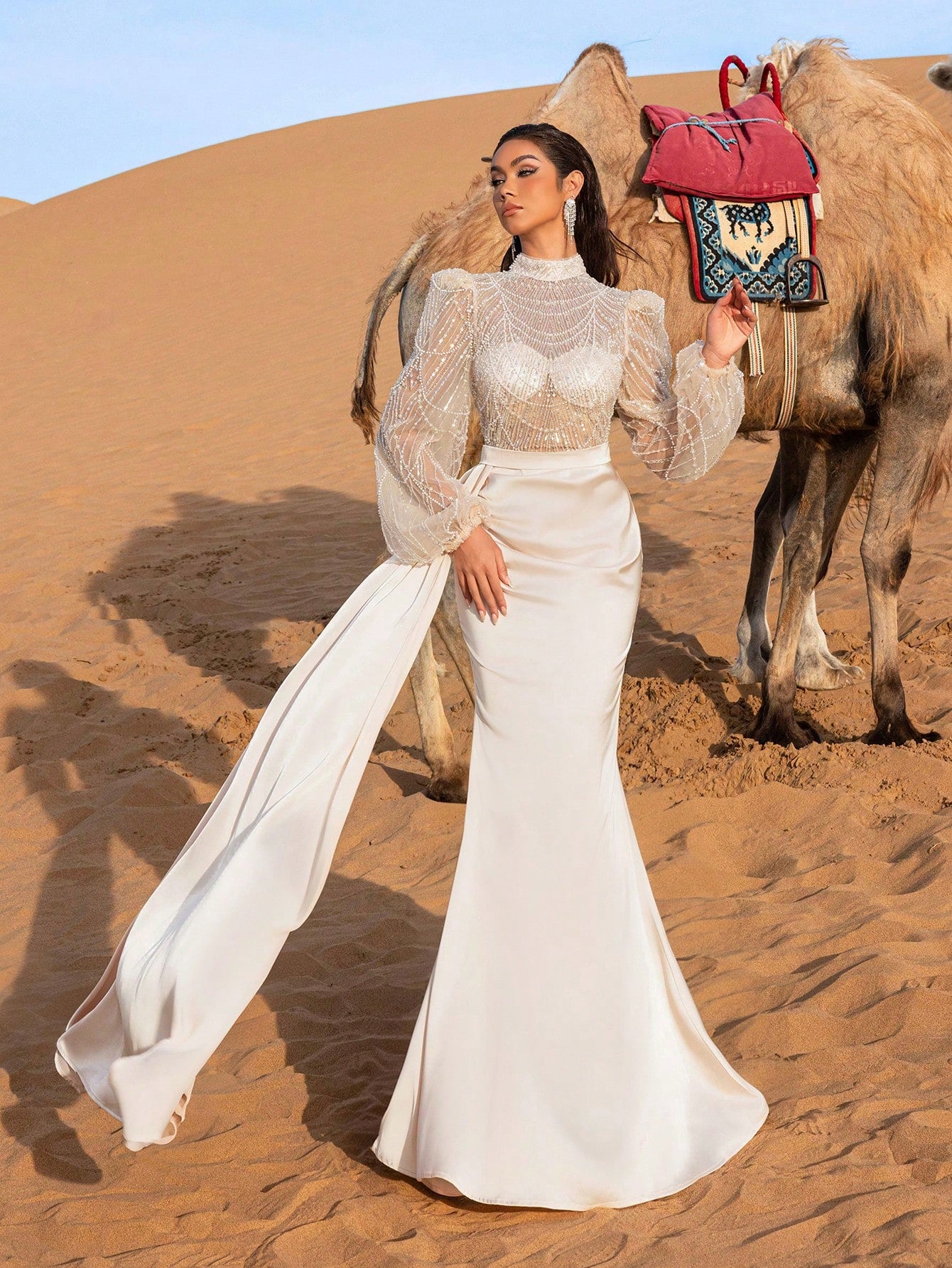 Gorgeous Elegant Stand Collar Long Sleeves Standard Shoulder Beaded Bodice Mermaid Hem Formal Party Dress&Evening Dress
