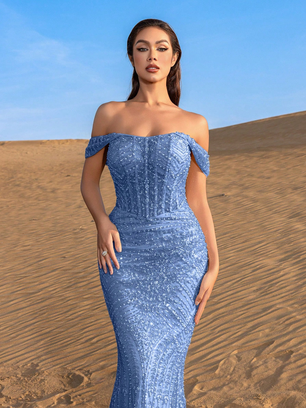 Stunning Off-the-Shoulder Beaded Mermaid Gown with Adjustable Back Tie & Sequin Embellishments