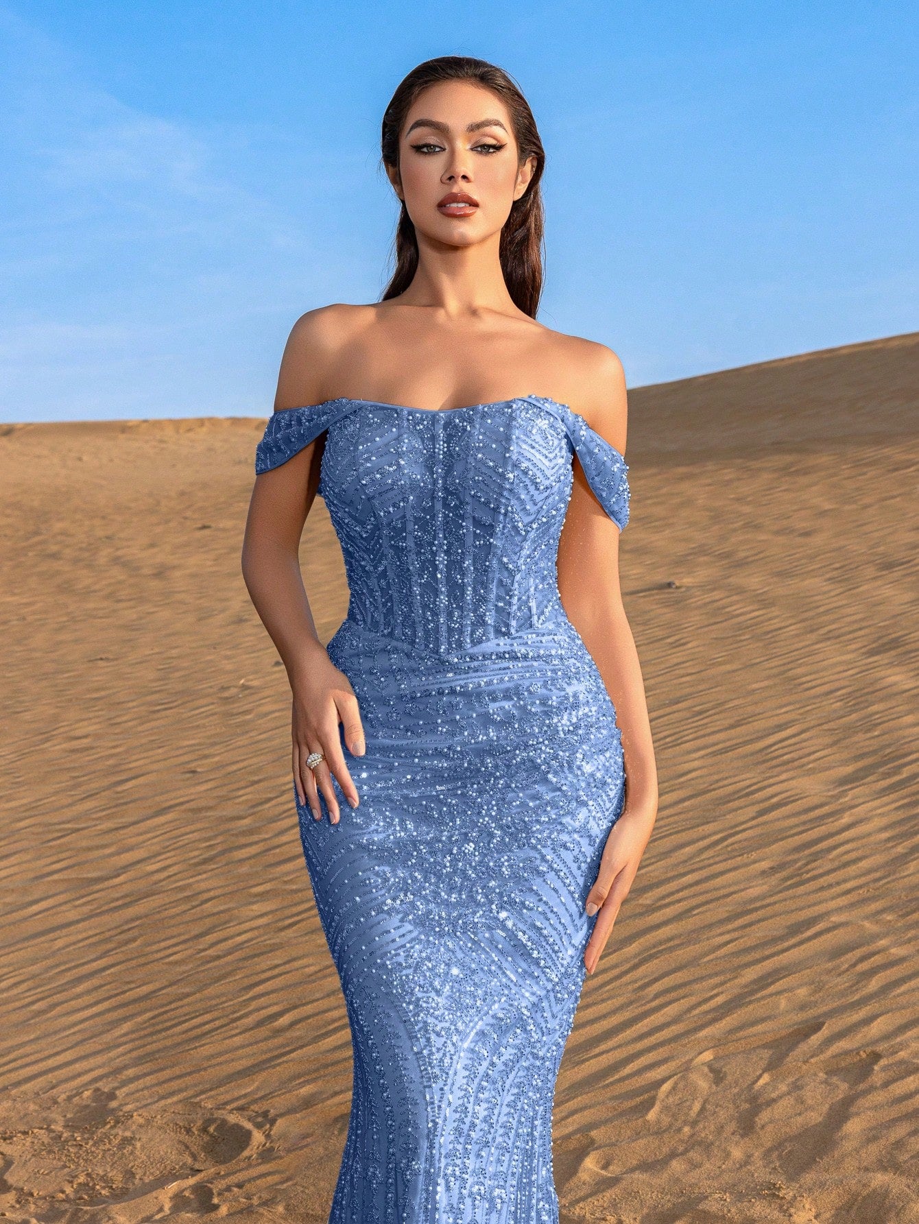 Stunning Off-the-Shoulder Beaded Mermaid Gown with Adjustable Back Tie & Sequin Embellishments