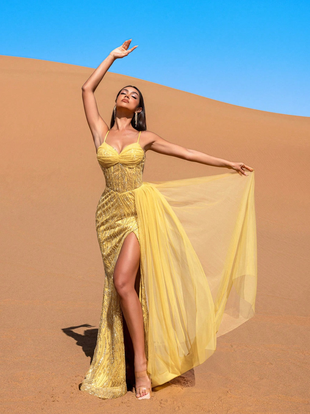 Gorgeous Sheer Overlay Split Thigh Beaded Formal Slip Dresses & Evening Gowns
