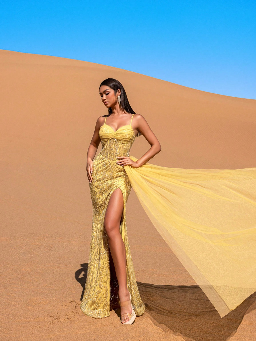 Gorgeous Sheer Overlay Split Thigh Beaded Formal Slip Dresses & Evening Gowns