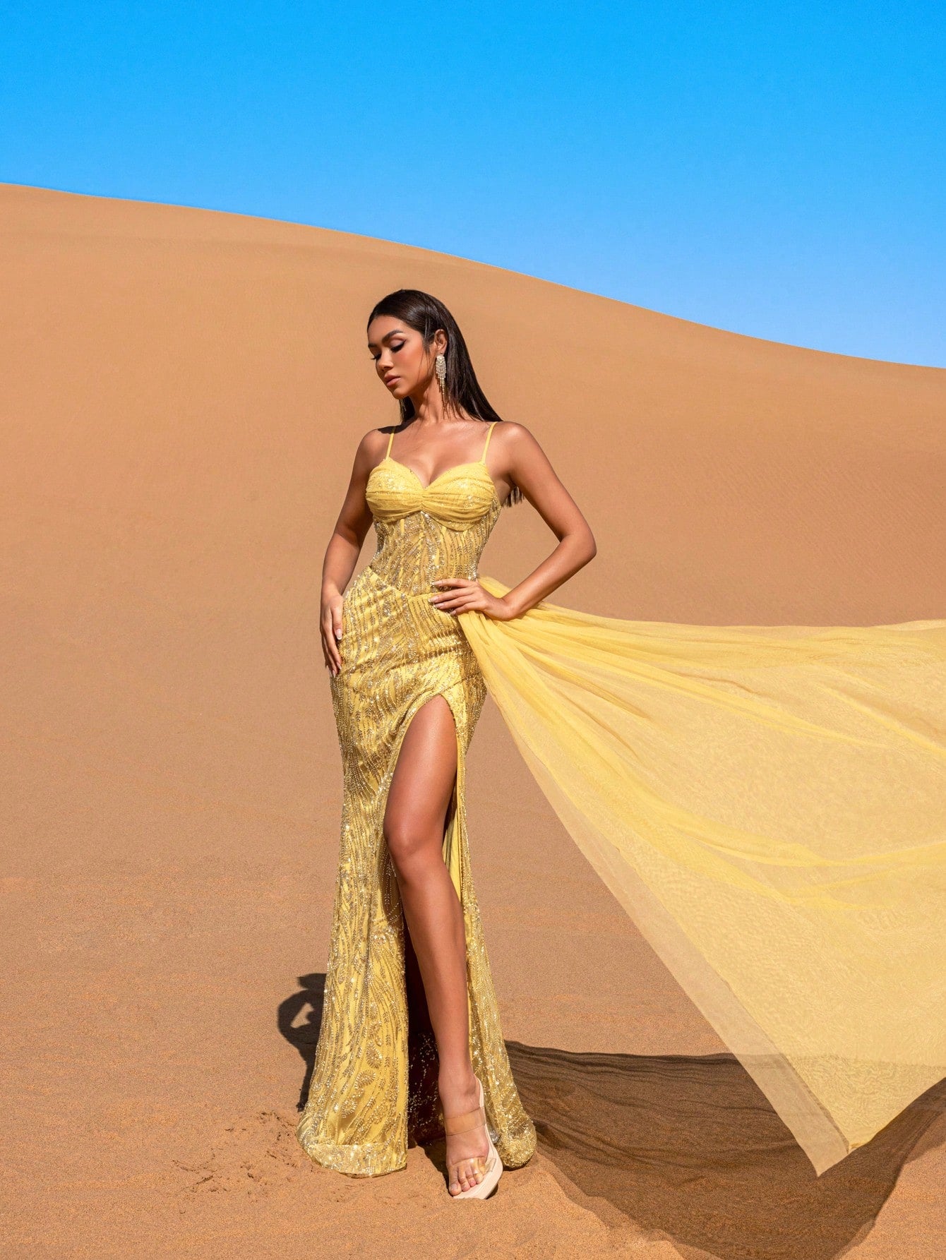 Gorgeous Sheer Overlay Split Thigh Beaded Formal Slip Dresses & Evening Gowns