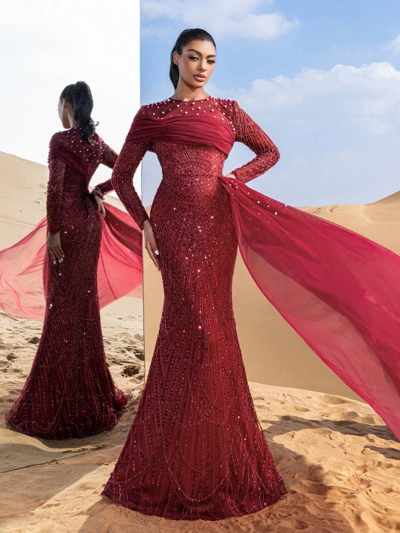 Luxury Tulle Overlay Mermaid Hem Beaded Detail Formal Evening Dress