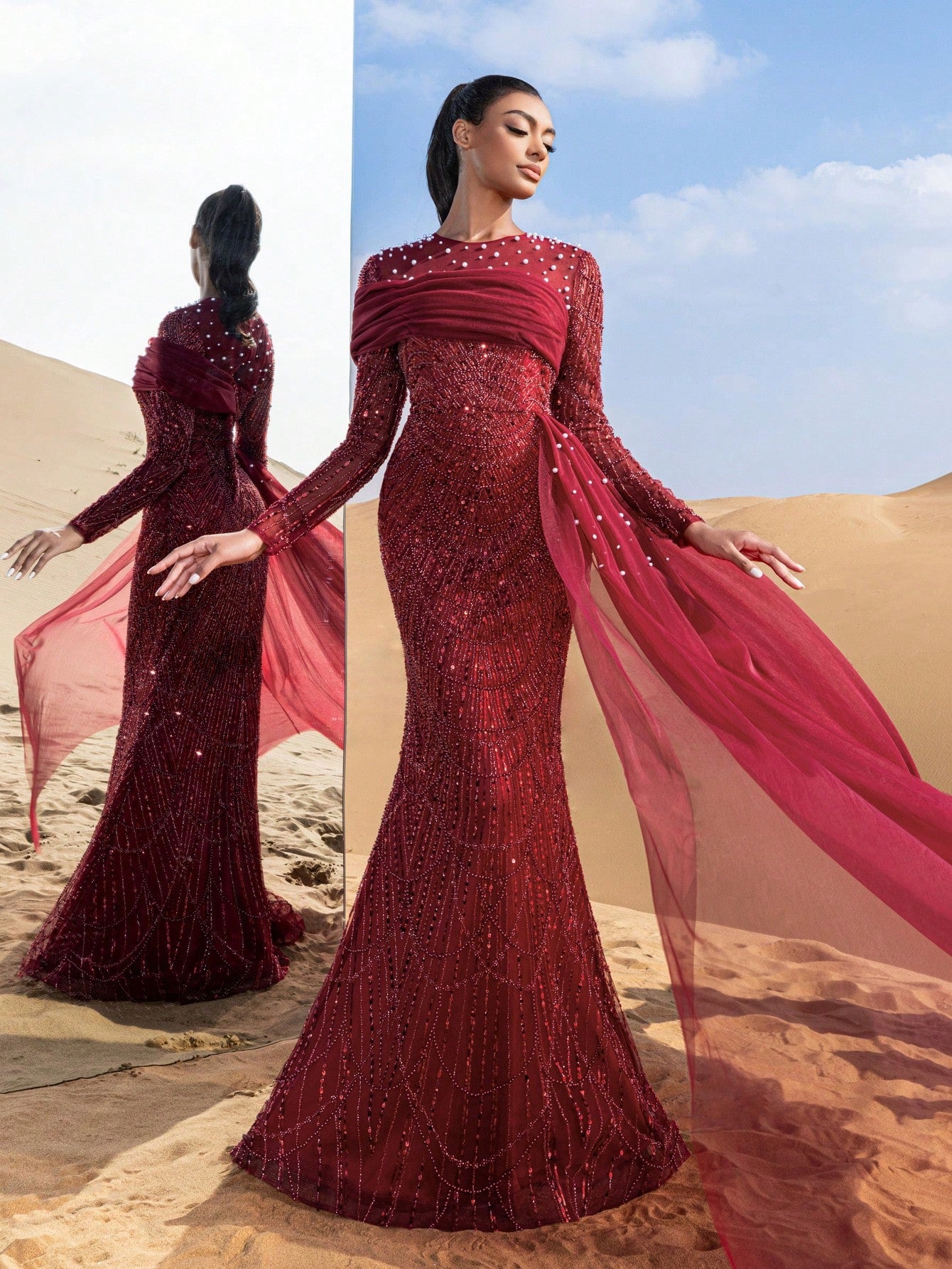 Luxury Tulle Overlay Mermaid Hem Beaded Detail Formal Evening Dress