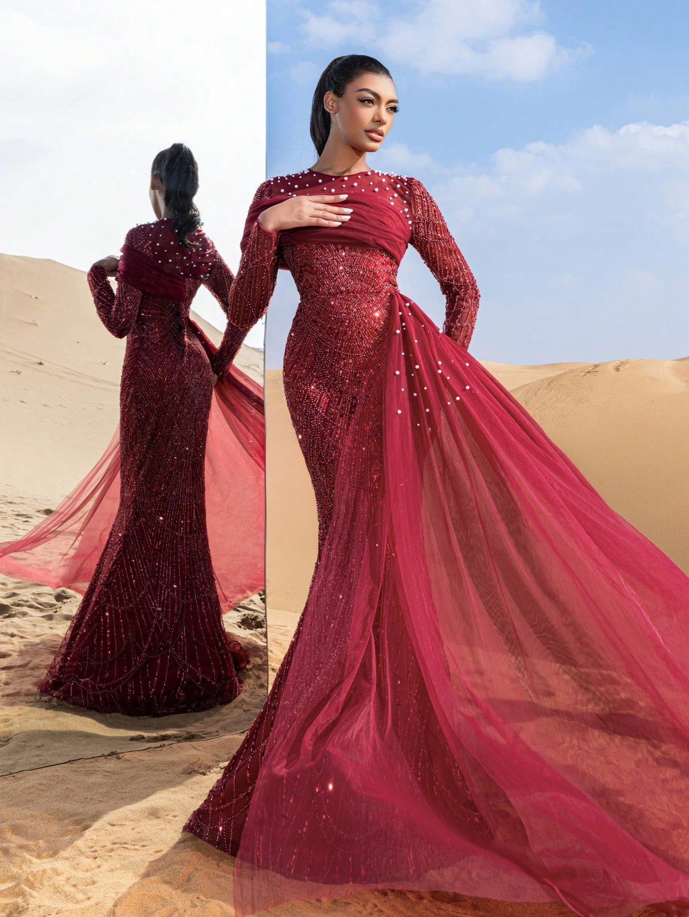 Luxury Tulle Overlay Mermaid Hem Beaded Detail Formal Evening Dress