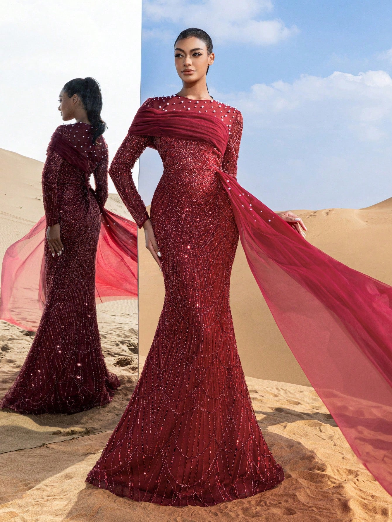 Luxury Tulle Overlay Mermaid Hem Beaded Detail Formal Evening Dress