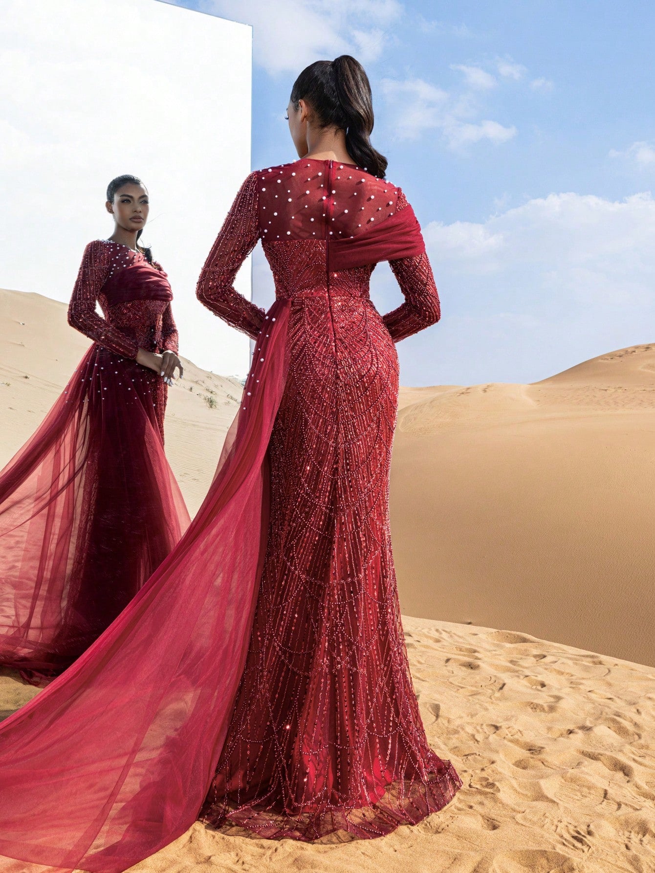 Luxury Tulle Overlay Mermaid Hem Beaded Detail Formal Evening Dress