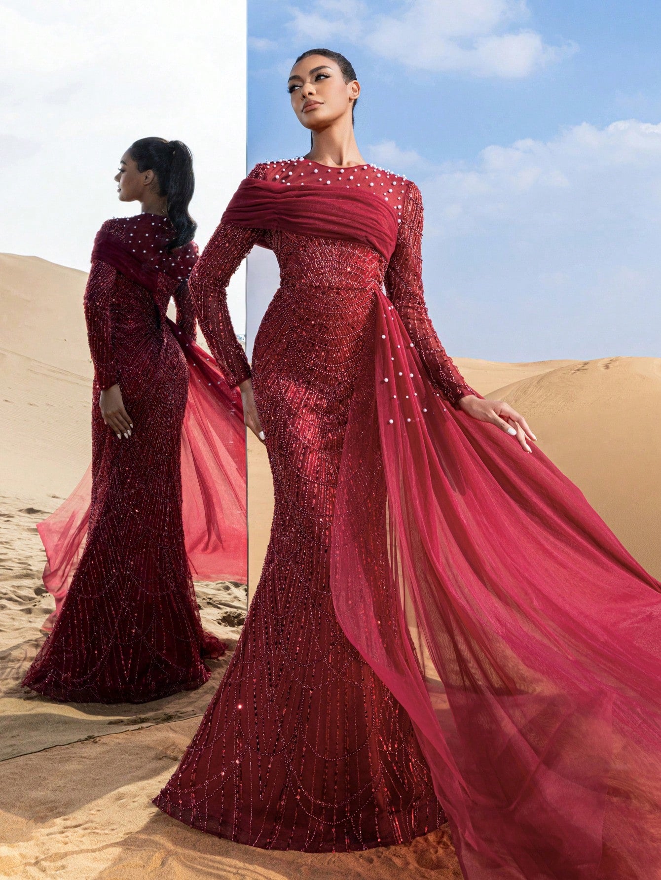 Luxury Tulle Overlay Mermaid Hem Beaded Detail Formal Evening Dress
