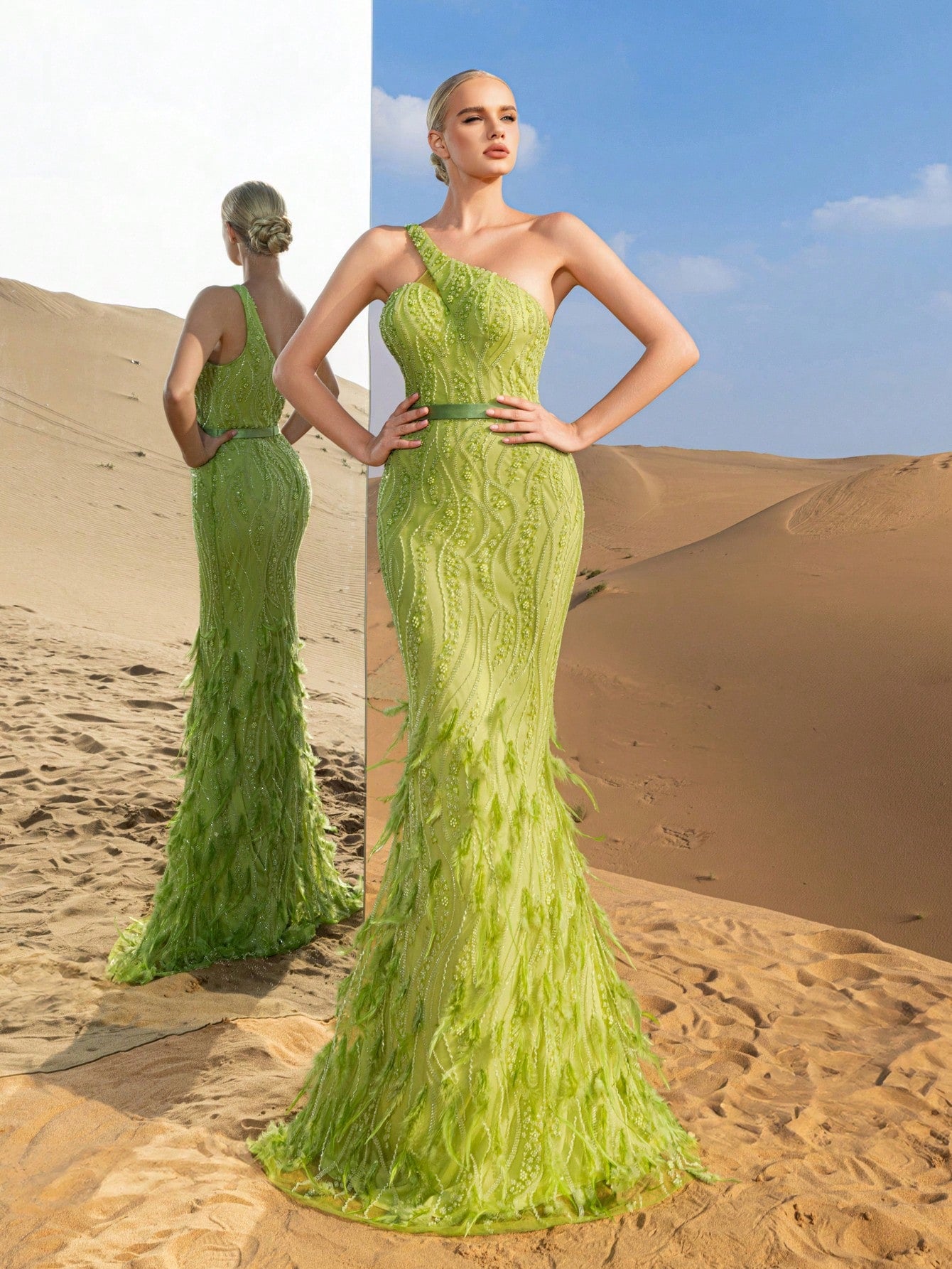 Elegant One-Shoulder Mermaid Gown with Intricate Embellishments & Feather-Like Hem