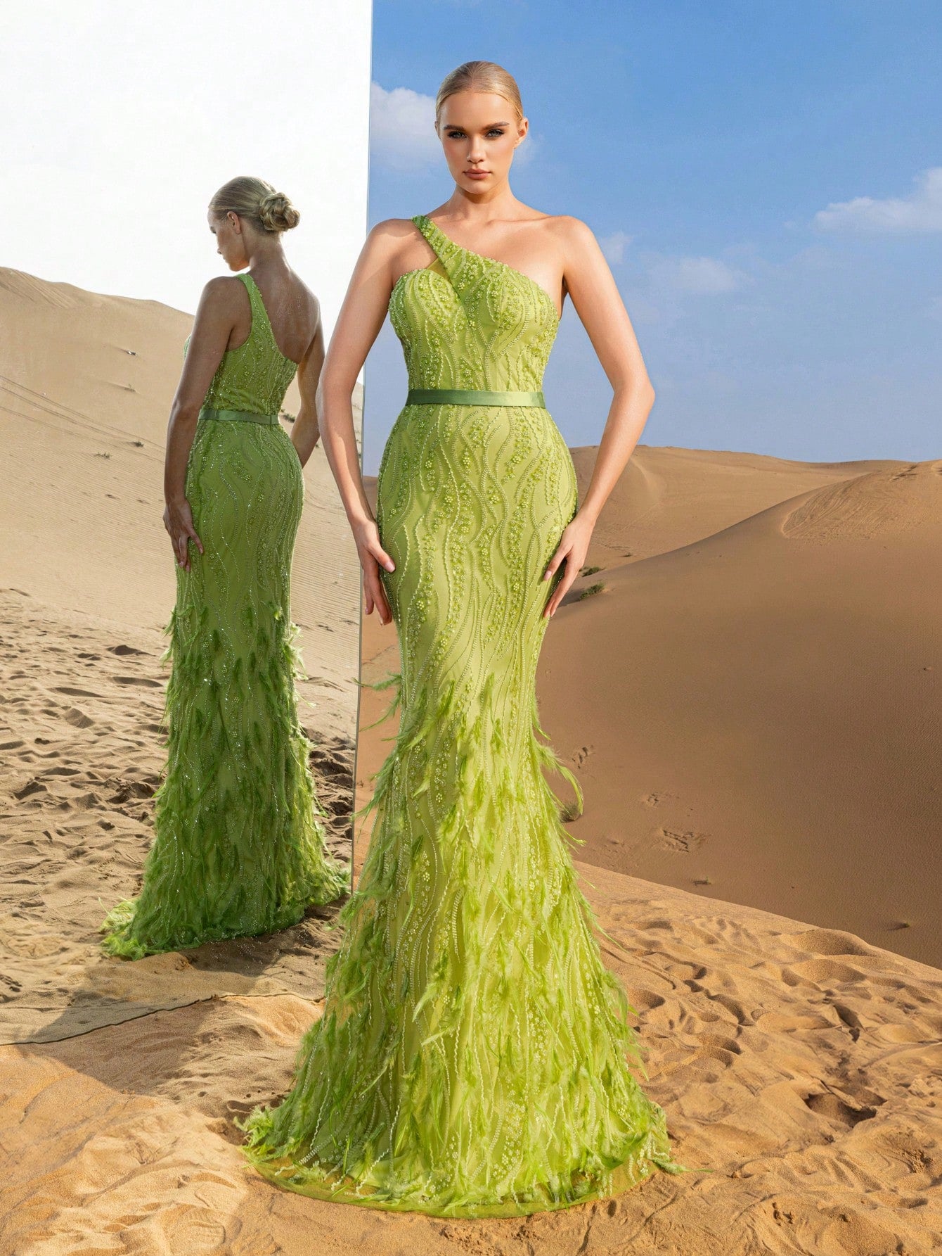 Elegant One-Shoulder Mermaid Gown with Intricate Embellishments & Feather-Like Hem