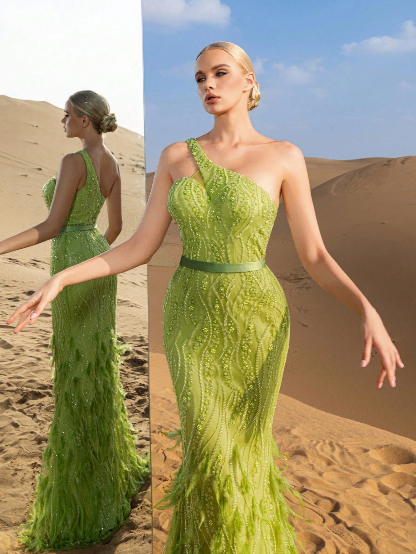 Elegant One-Shoulder Mermaid Gown with Intricate Embellishments & Feather-Like Hem