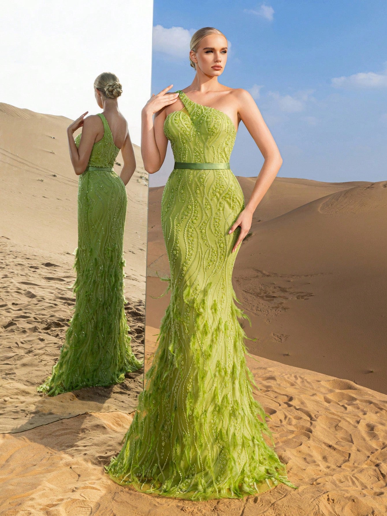 Elegant One-Shoulder Mermaid Gown with Intricate Embellishments & Feather-Like Hem