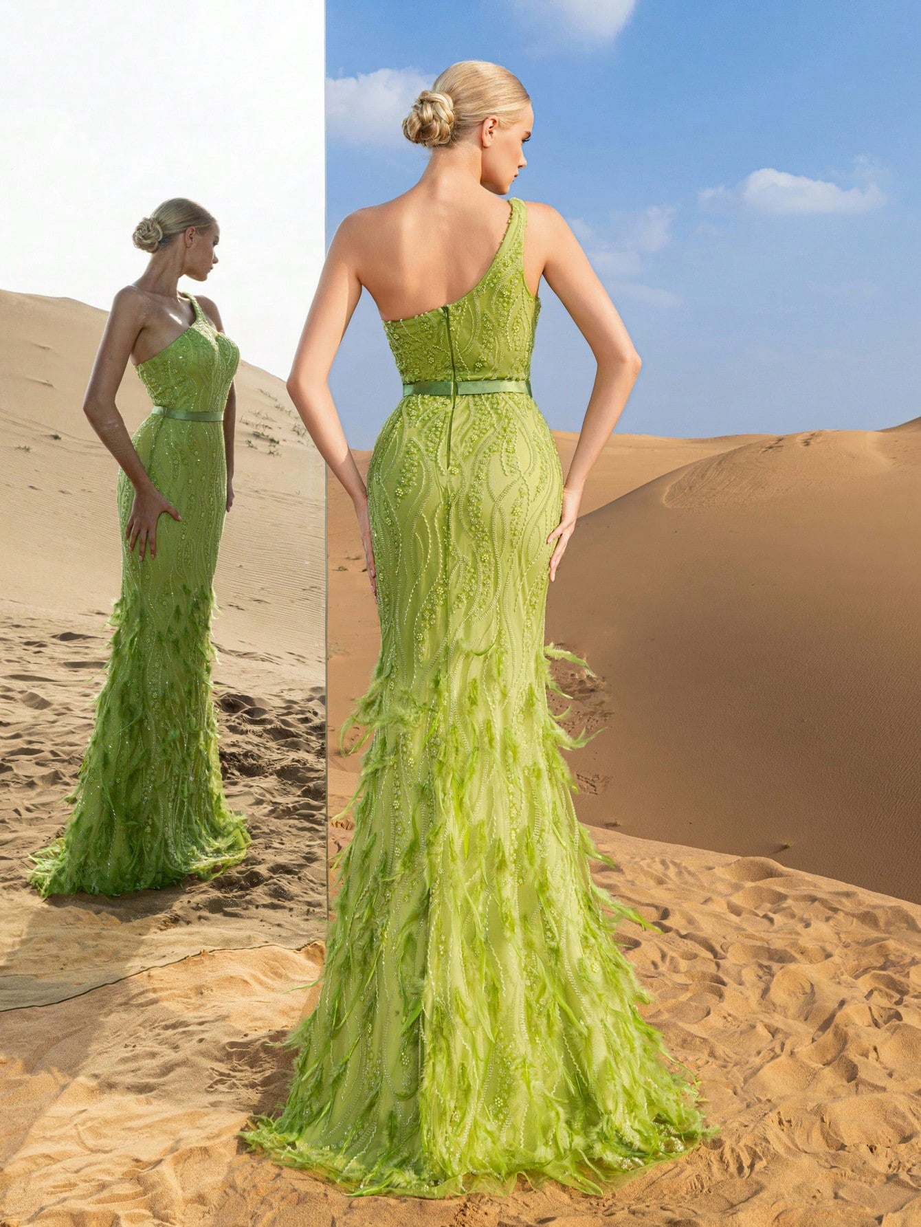 Elegant One-Shoulder Mermaid Gown with Intricate Embellishments & Feather-Like Hem