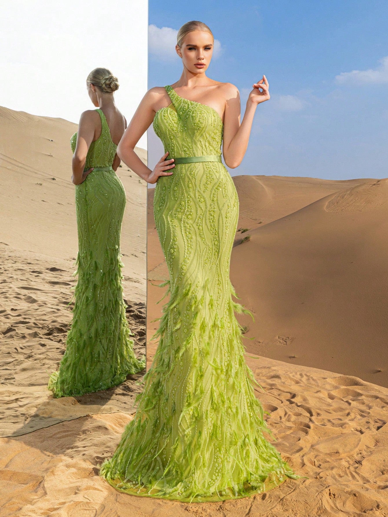 Elegant One-Shoulder Mermaid Gown with Intricate Embellishments & Feather-Like Hem