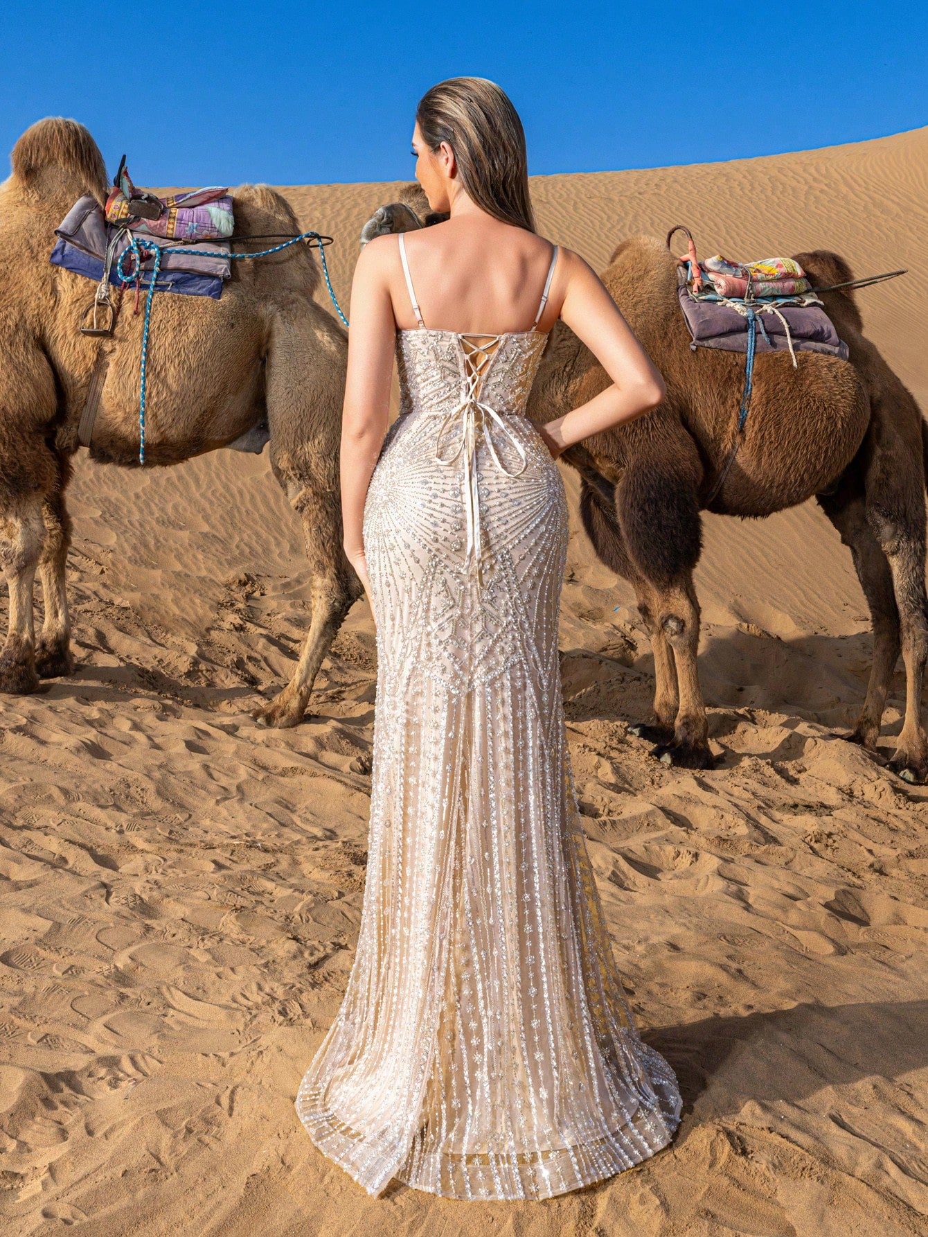 Gorgeous Sequined Beaded Evening Gown with Fish-Tail Hem & Back Lace-up