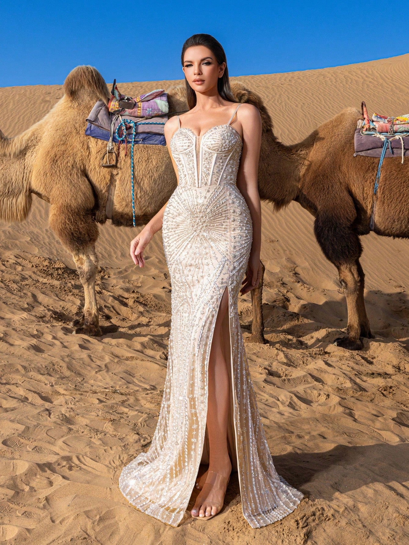 Gorgeous Sequined Beaded Evening Gown with Fish-Tail Hem & Back Lace-up