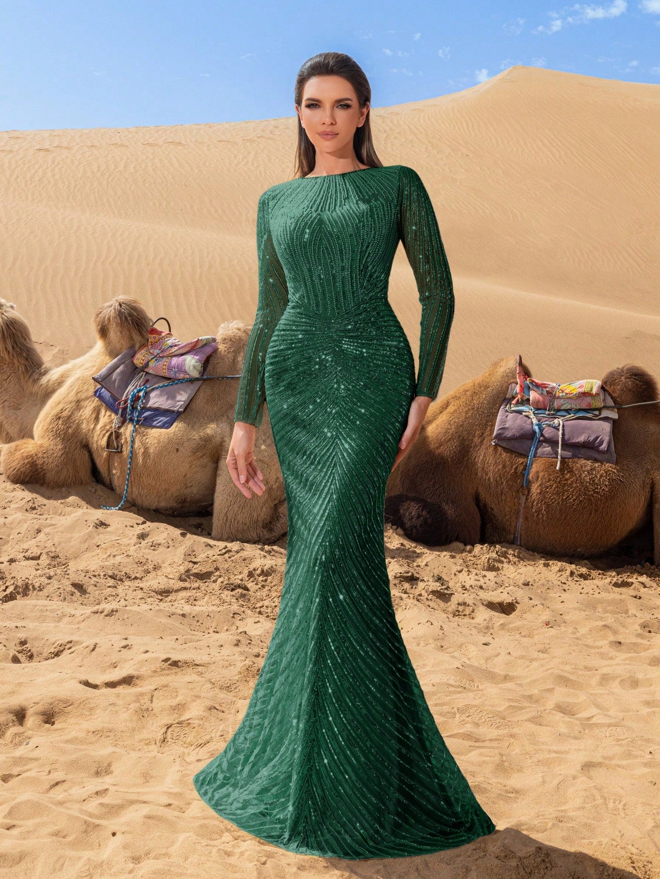 Luxurious Elegant Sequined Evening Gown with Striking Beaded Details & Contour-Fitting Fish Tail
