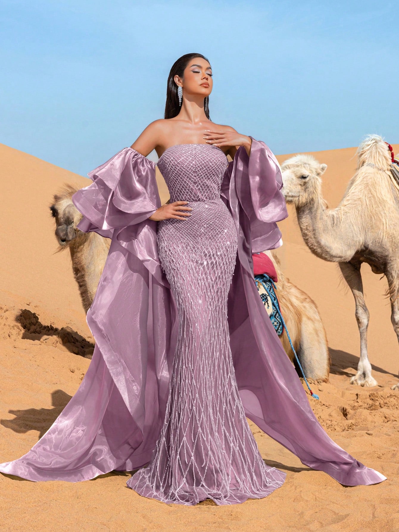 Gorgeous Off-Shoulder Beaded Evening Gown with Wide-Layered Satin Cape & Fitted Silhouette