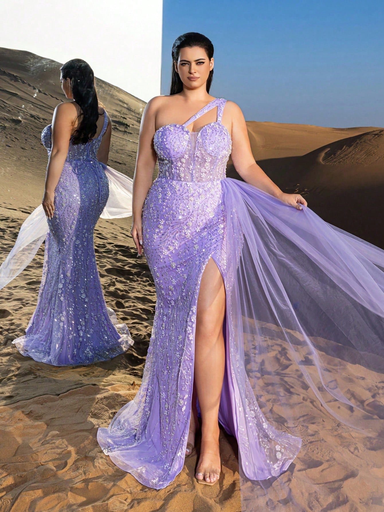 Luxurious One-Shoulder Beaded Evening Gown with Detachable Back Tie, High Slit & Organza Streamers