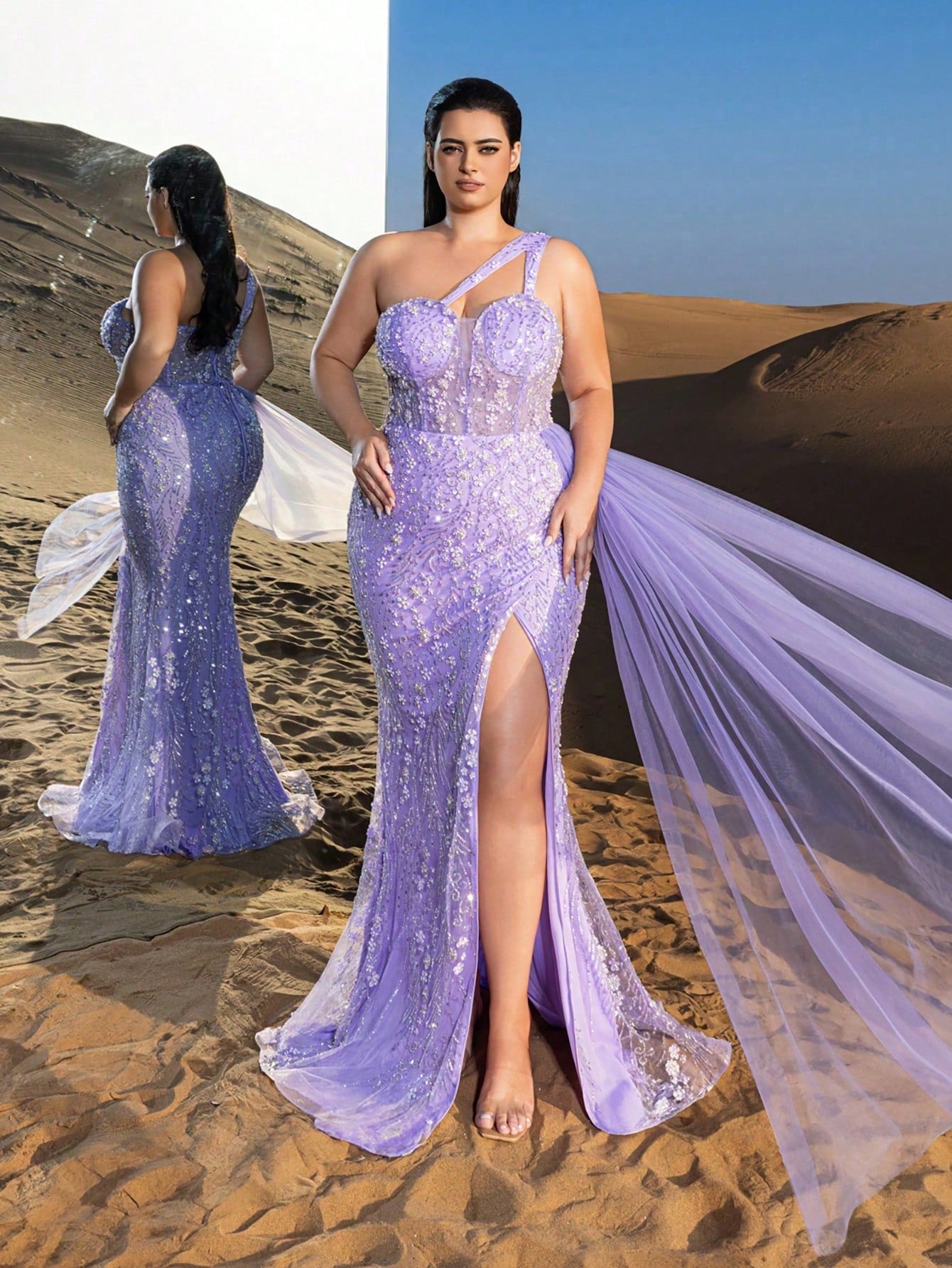 Luxurious One-Shoulder Beaded Evening Gown with Detachable Back Tie, High Slit & Organza Streamers