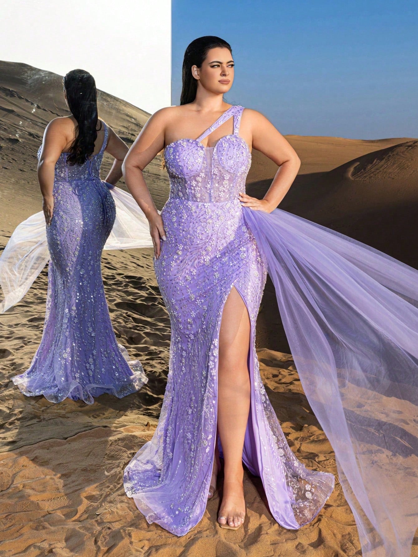 Luxurious One-Shoulder Beaded Evening Gown with Detachable Back Tie, High Slit & Organza Streamers