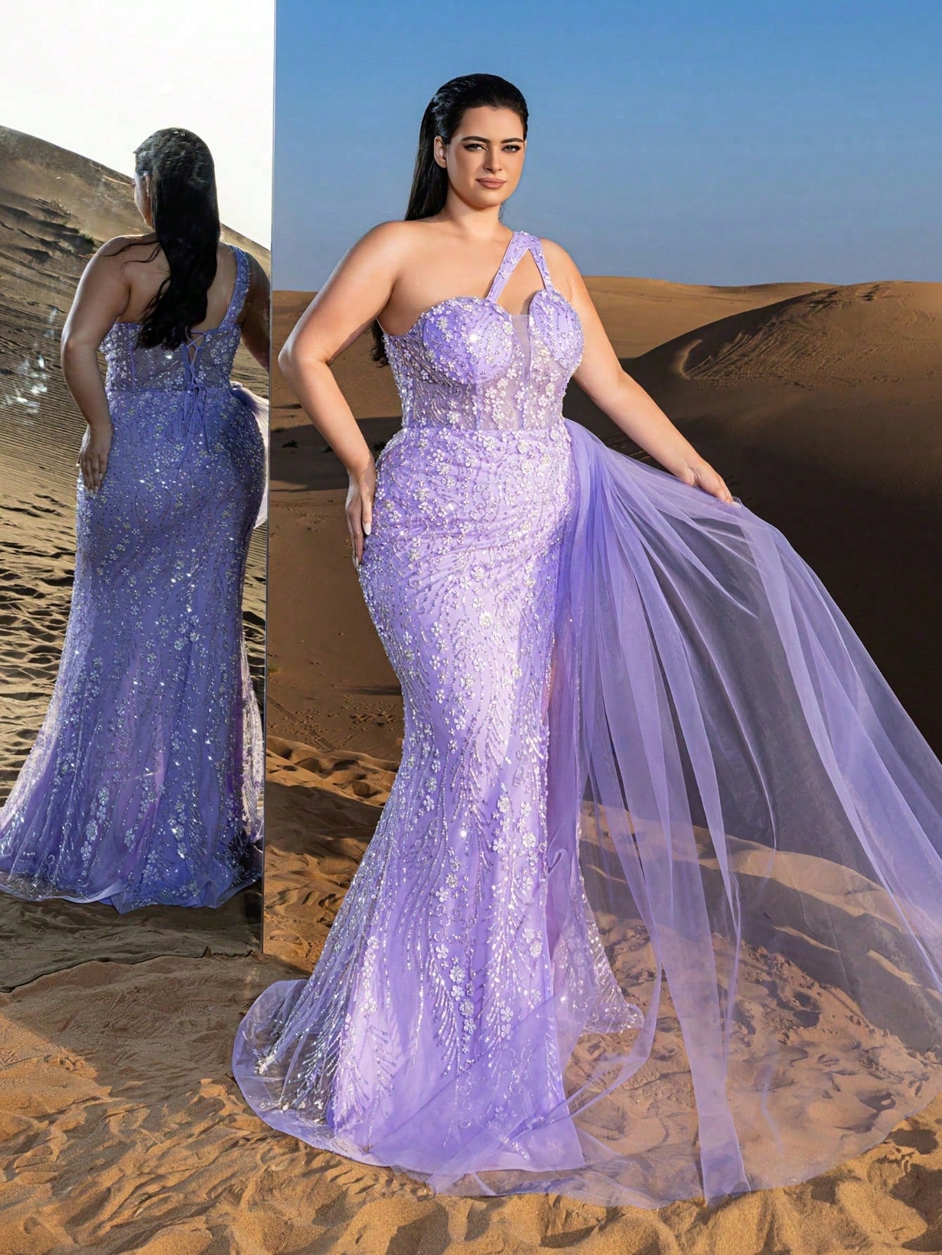 Luxurious One-Shoulder Beaded Evening Gown with Detachable Back Tie, High Slit & Organza Streamers