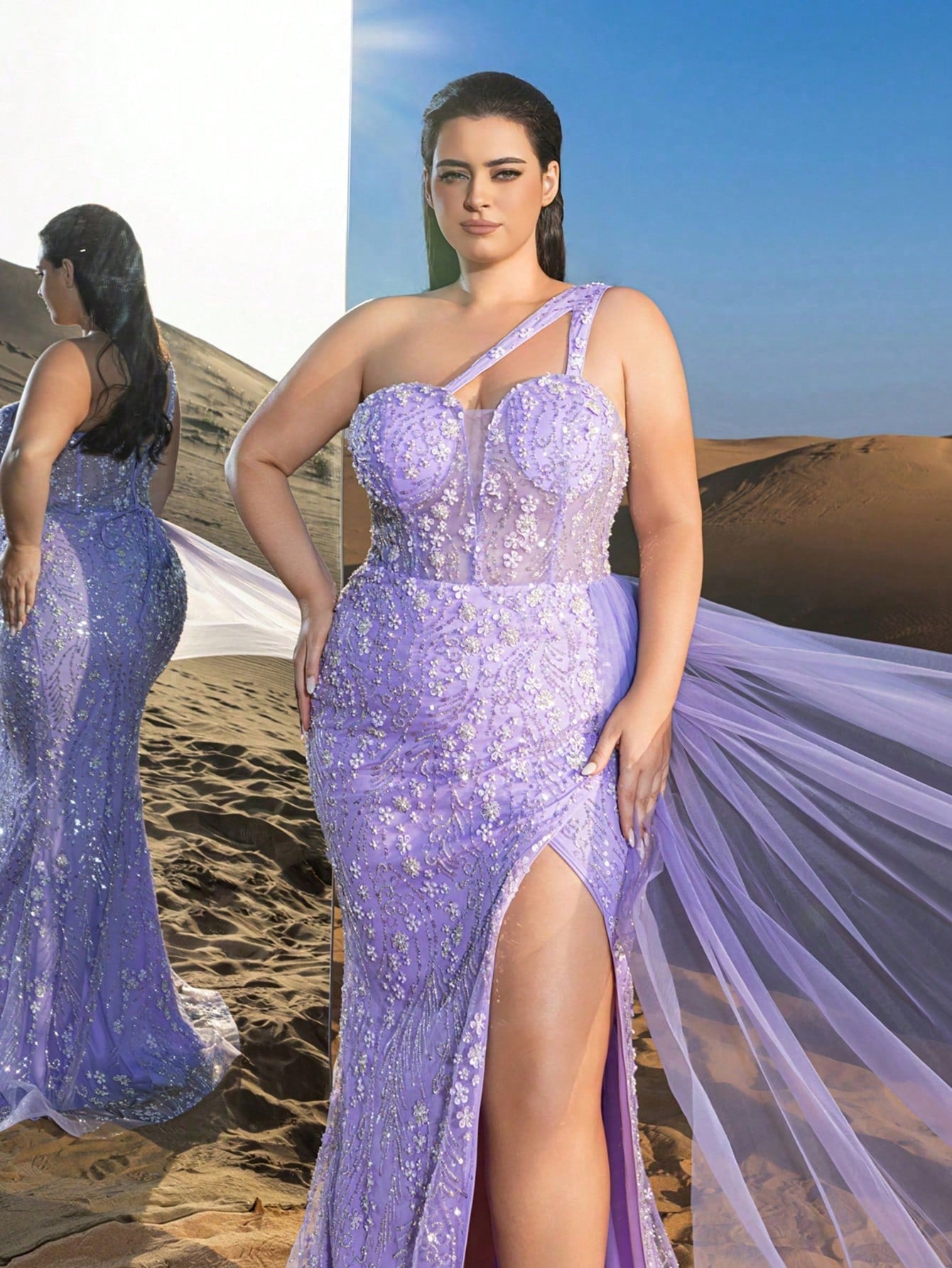Luxurious One-Shoulder Beaded Evening Gown with Detachable Back Tie, High Slit & Organza Streamers