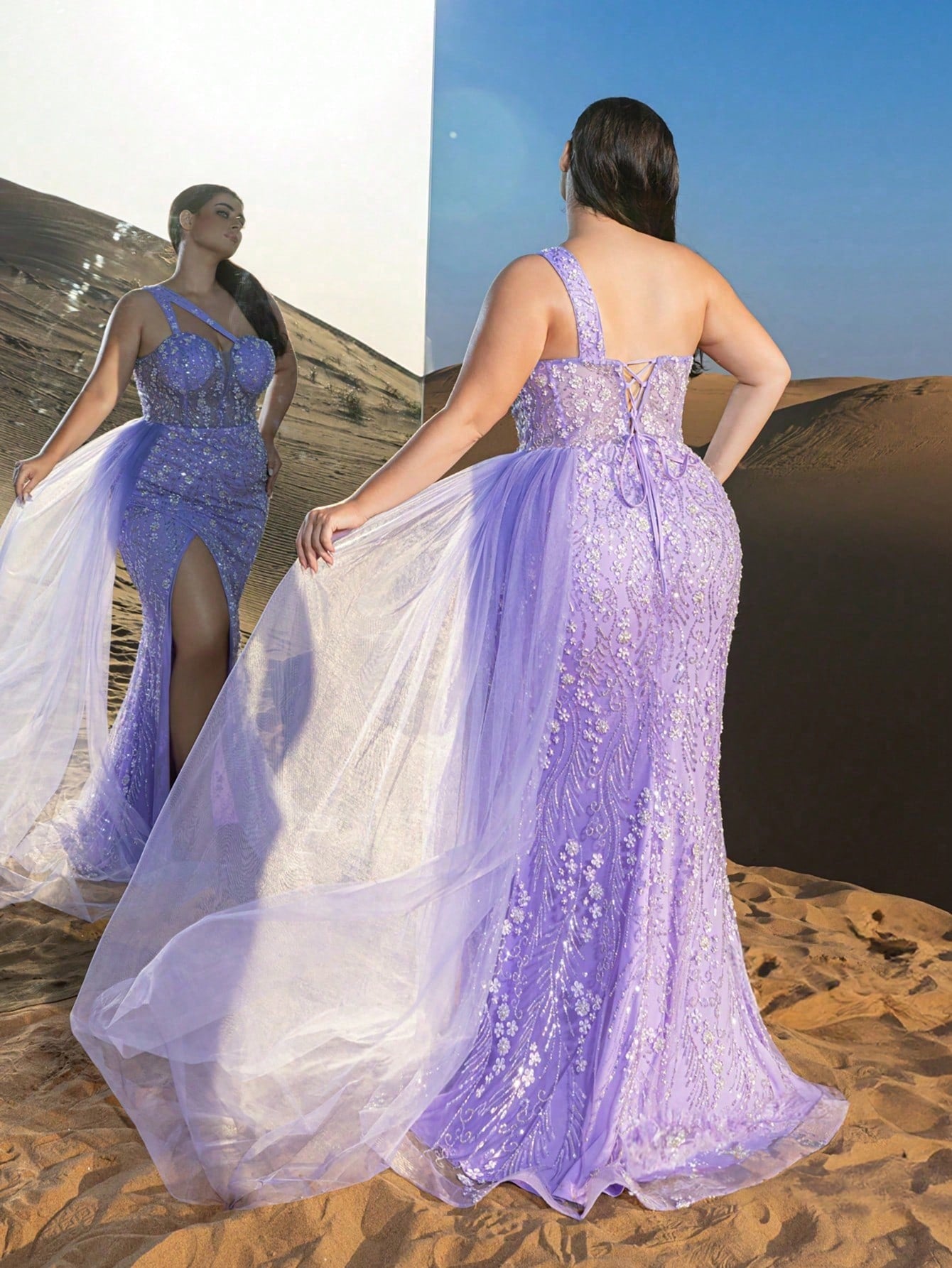 Luxurious One-Shoulder Beaded Evening Gown with Detachable Back Tie, High Slit & Organza Streamers