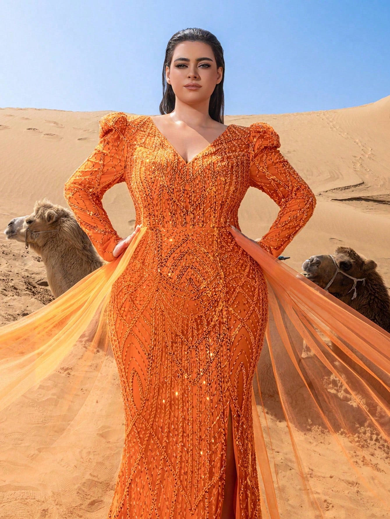 Plus Luxurious V-Neck Long-Sleeve Beaded Evening Gown with Back-Tie Closure, Dramatic High Slit, Side Flowing Panels & Mermaid Train