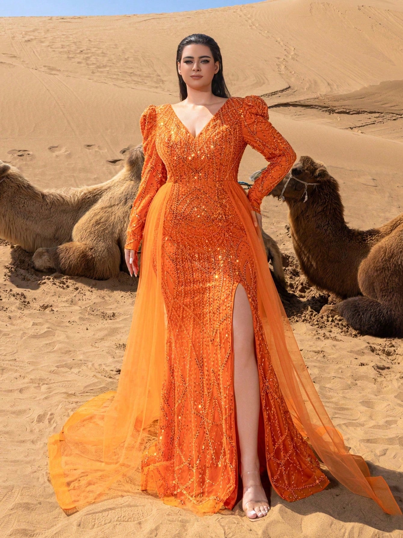 Plus Luxurious V-Neck Long-Sleeve Beaded Evening Gown with Back-Tie Closure, Dramatic High Slit, Side Flowing Panels & Mermaid Train