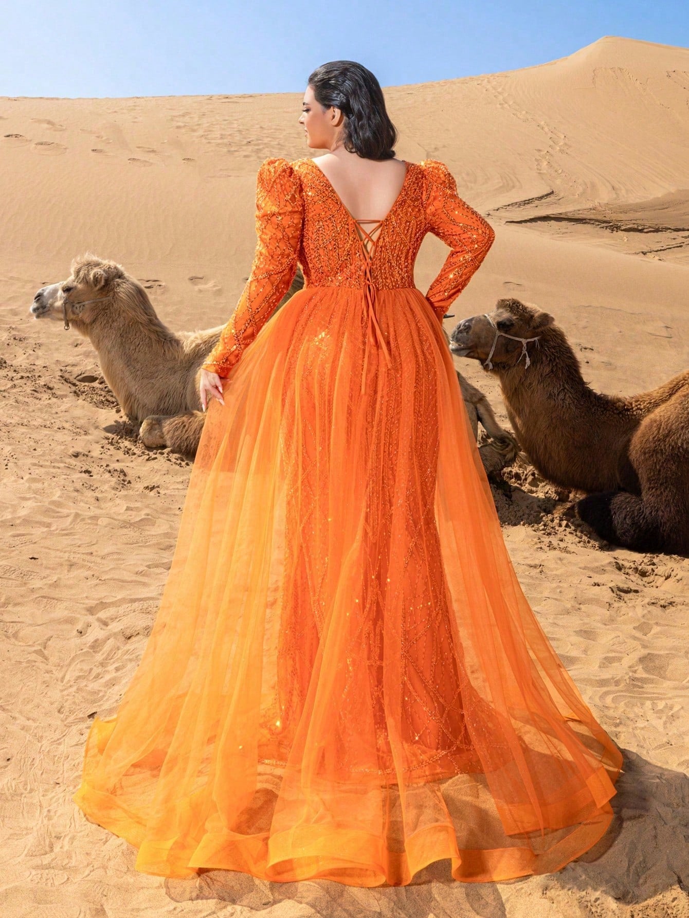 Plus Luxurious V-Neck Long-Sleeve Beaded Evening Gown with Back-Tie Closure, Dramatic High Slit, Side Flowing Panels & Mermaid Train