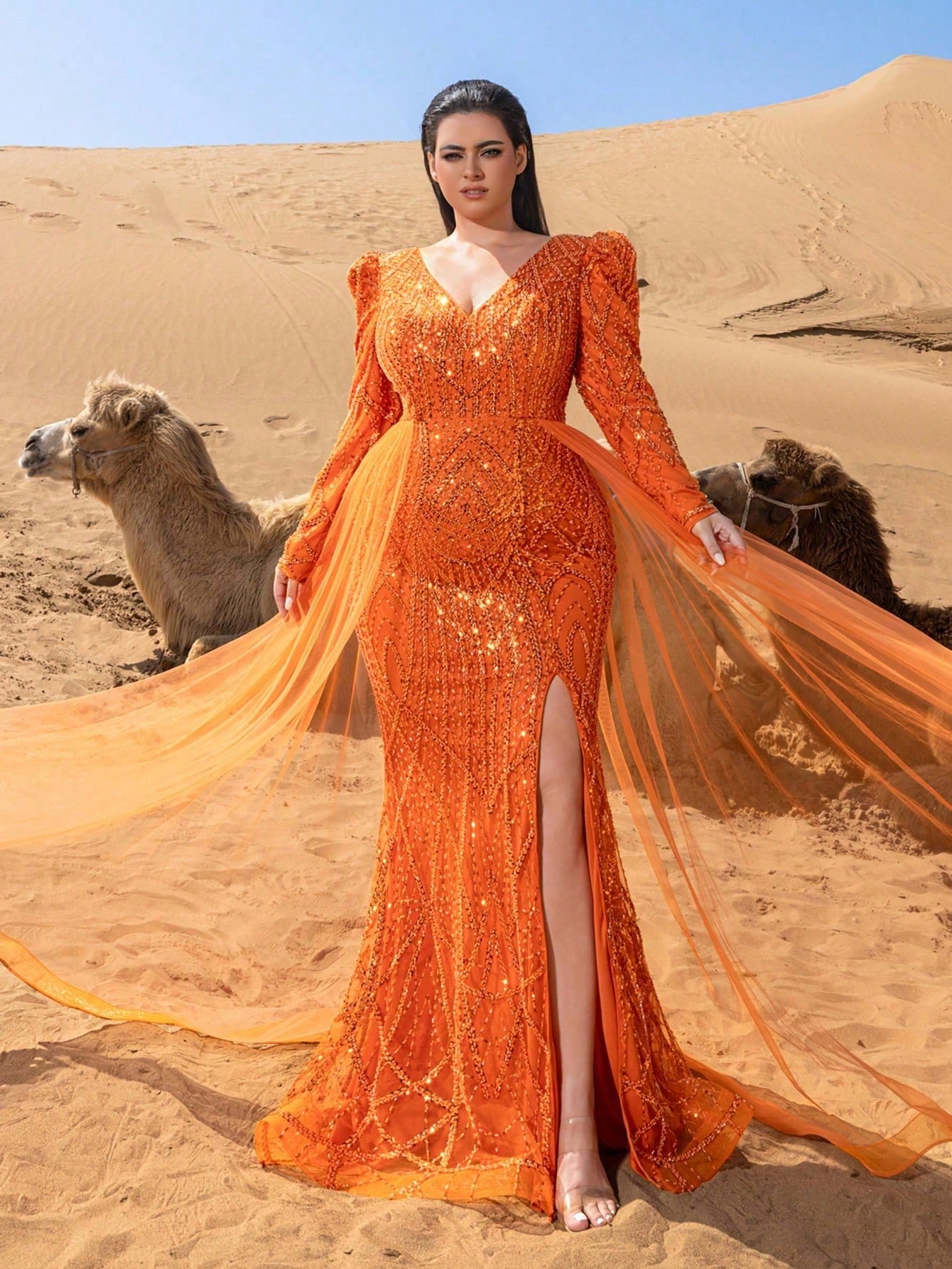 Plus Luxurious V-Neck Long-Sleeve Beaded Evening Gown with Back-Tie Closure, Dramatic High Slit, Side Flowing Panels & Mermaid Train