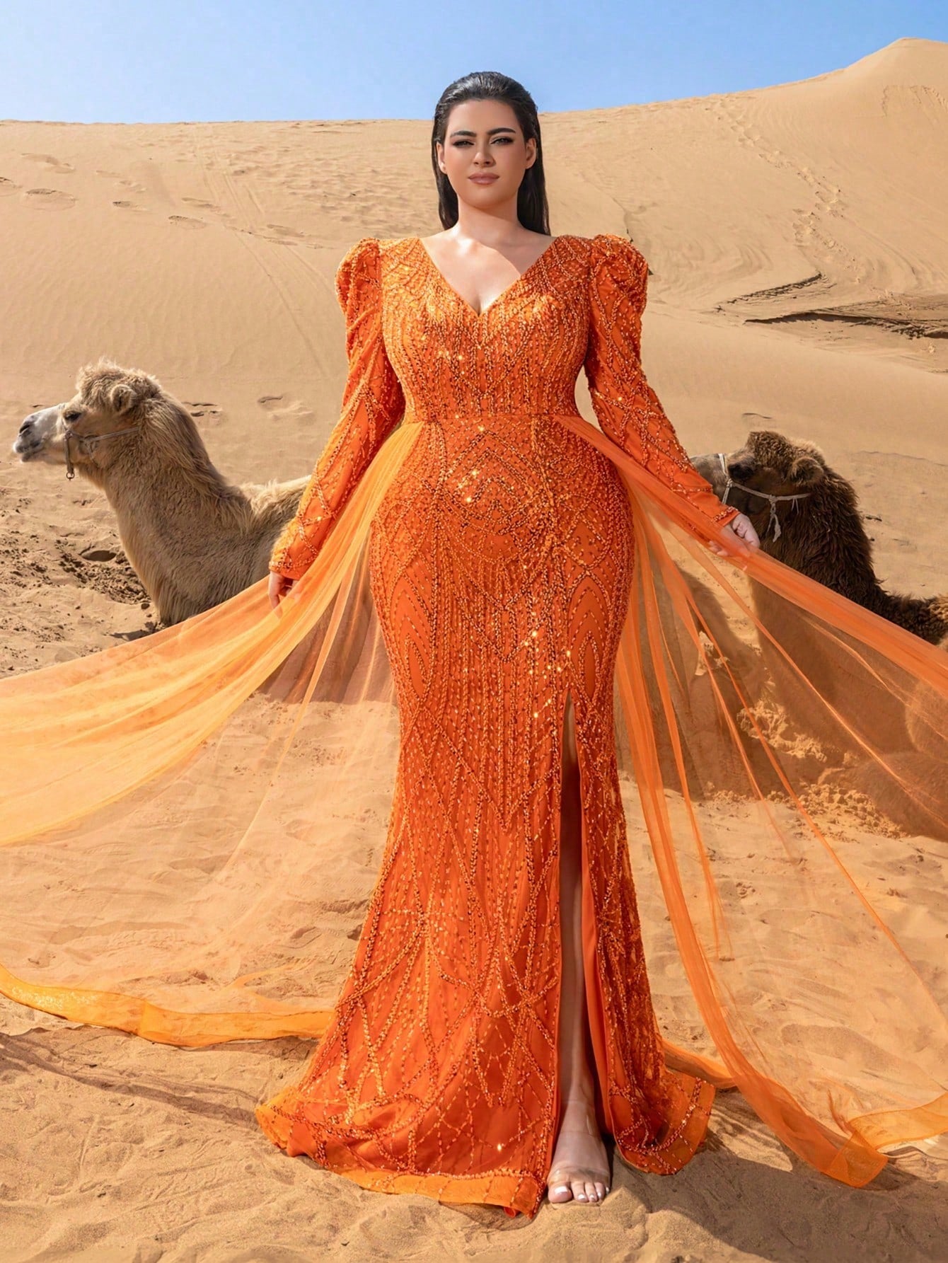 Plus Luxurious V-Neck Long-Sleeve Beaded Evening Gown with Back-Tie Closure, Dramatic High Slit, Side Flowing Panels & Mermaid Train