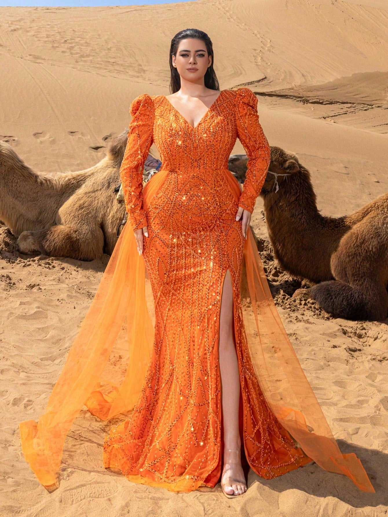 Plus Luxurious V-Neck Long-Sleeve Beaded Evening Gown with Back-Tie Closure, Dramatic High Slit, Side Flowing Panels & Mermaid Train