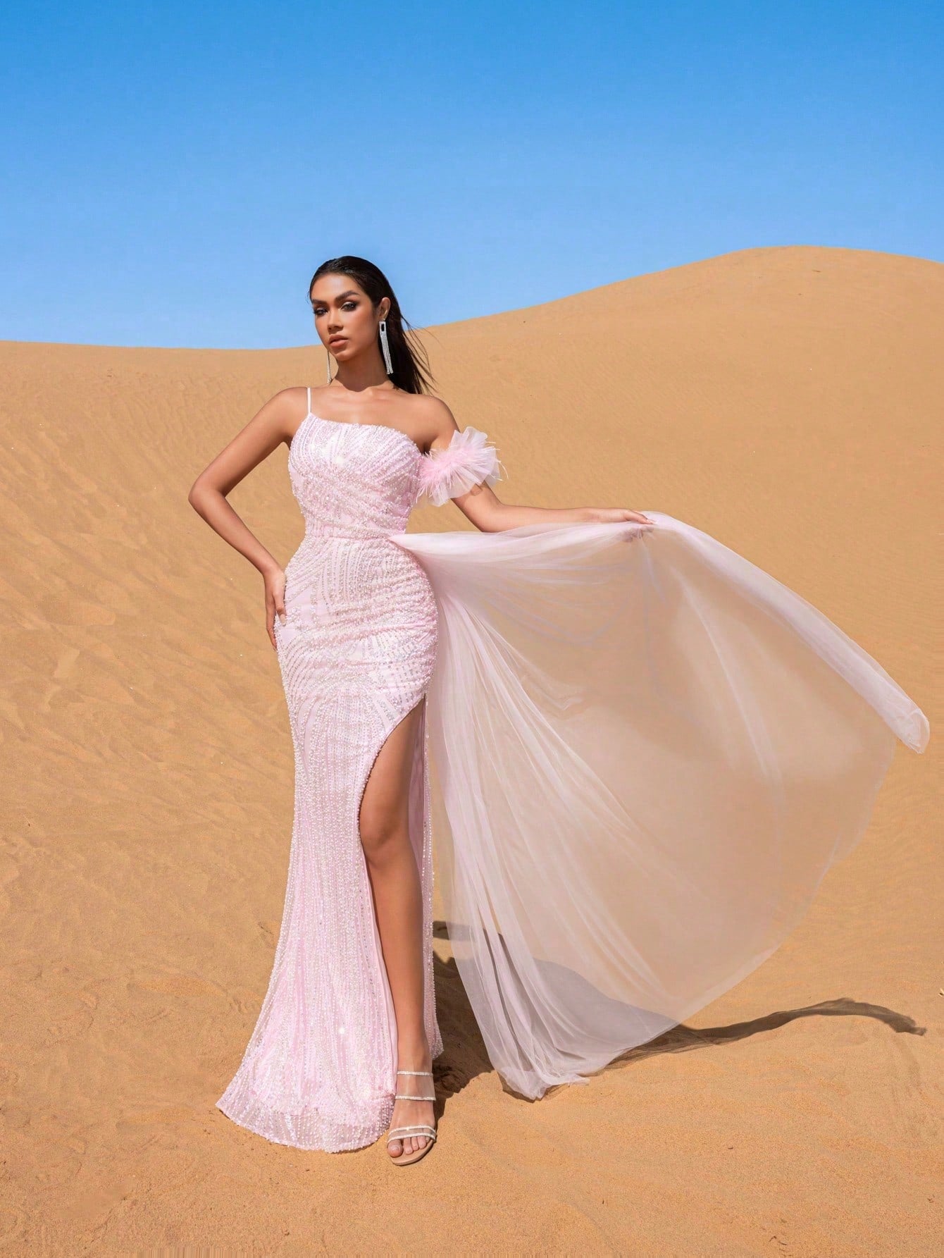 Luxury One-Shoulder Mermaid Evening Gown with High Side Slit, Flowing Train & Dramatic Silhouette