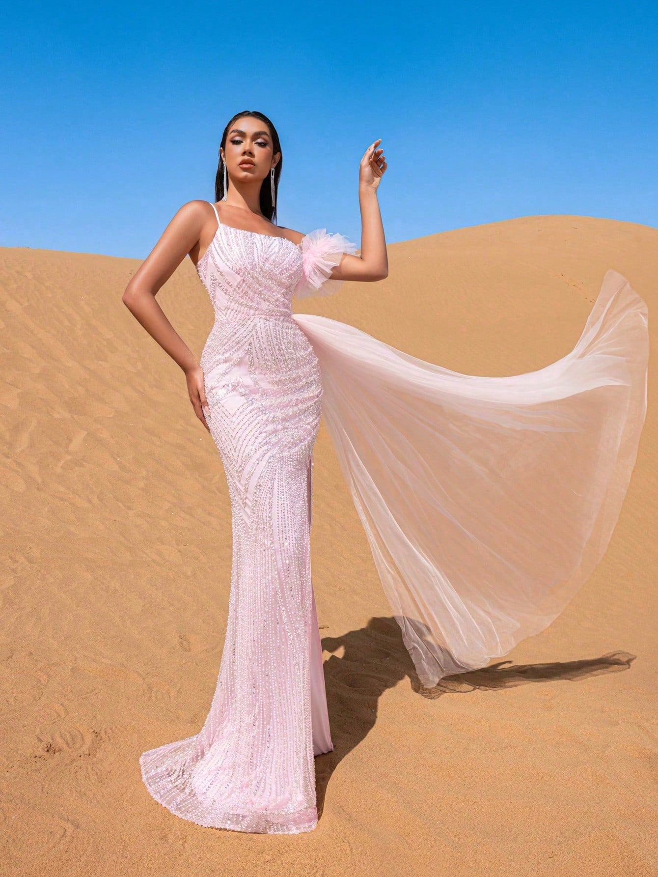 Luxury One-Shoulder Mermaid Evening Gown with High Side Slit, Flowing Train & Dramatic Silhouette