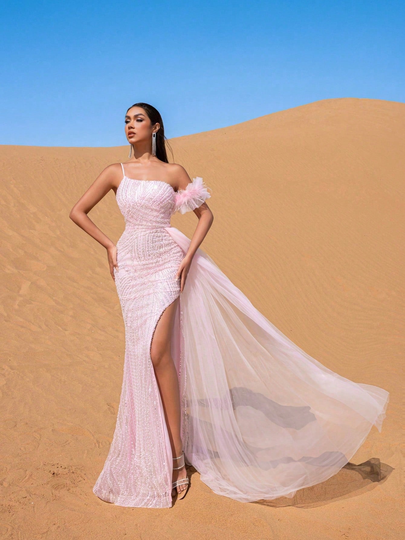 Luxury One-Shoulder Mermaid Evening Gown with High Side Slit, Flowing Train & Dramatic Silhouette
