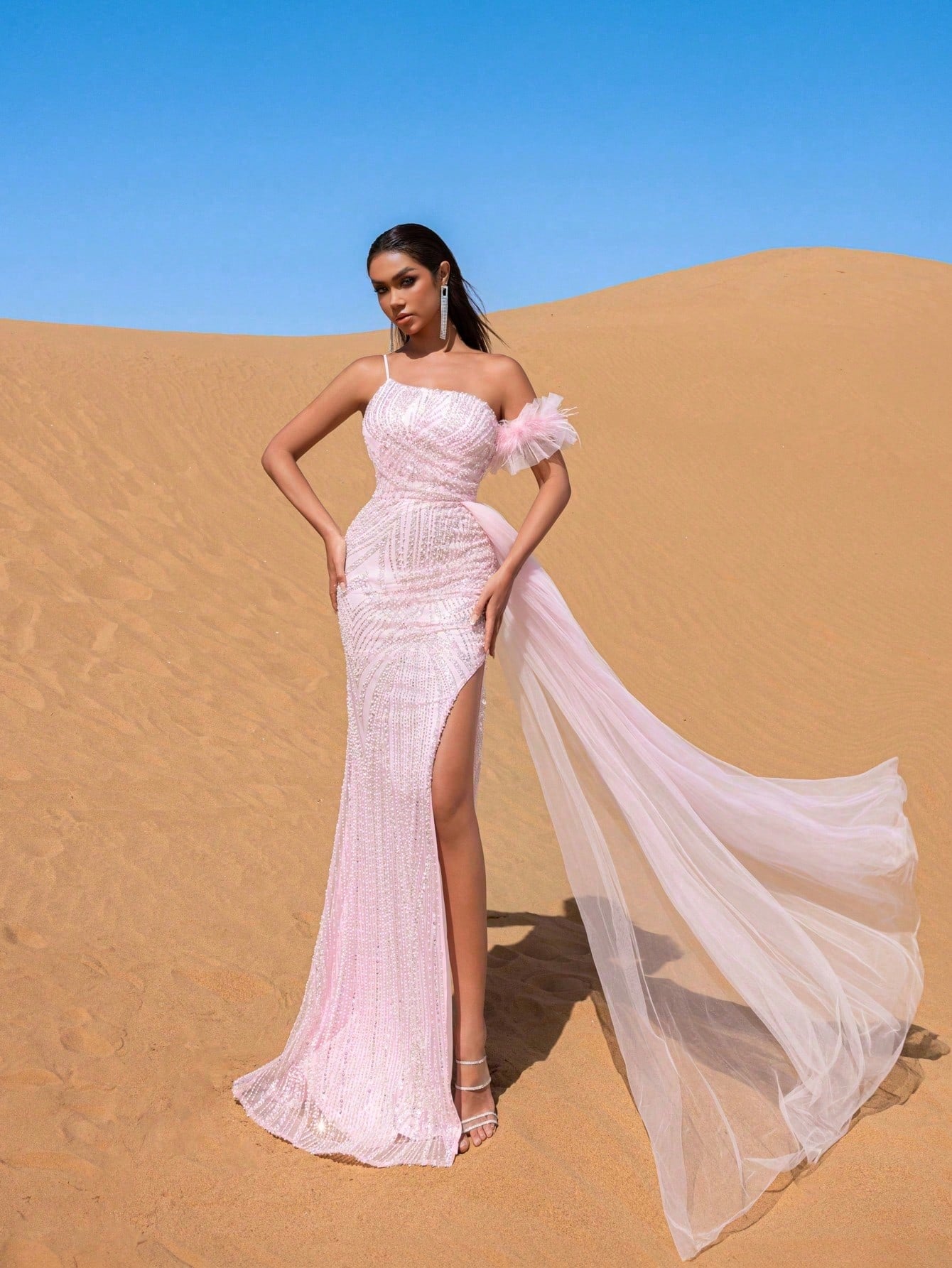 Luxury One-Shoulder Mermaid Evening Gown with High Side Slit, Flowing Train & Dramatic Silhouette