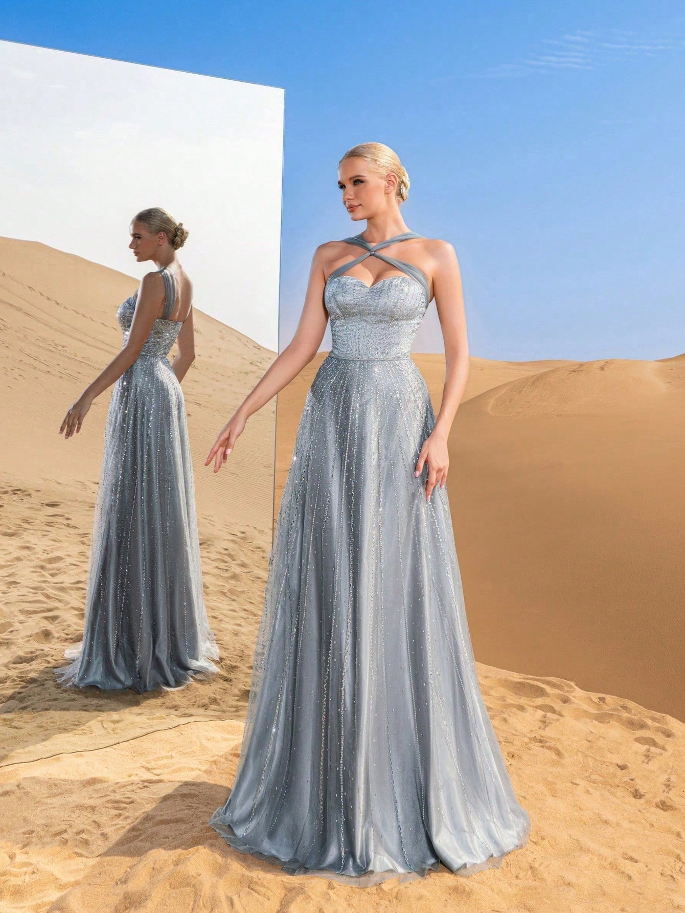 Luxury Cross-Strap A-Line Evening Gown with Beaded Embellishments