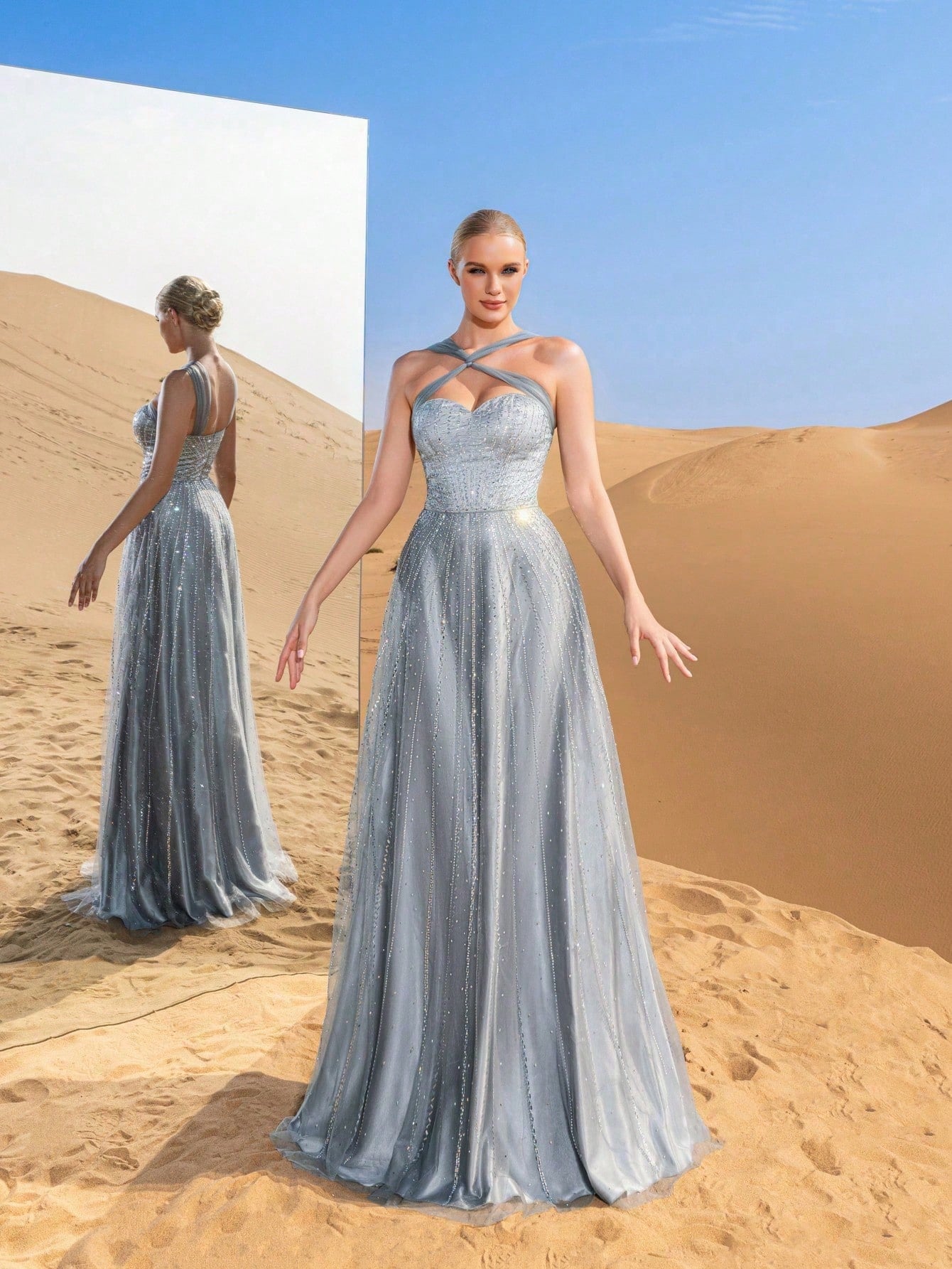 Luxury Cross-Strap A-Line Evening Gown with Beaded Embellishments