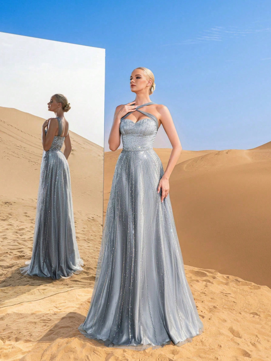 Luxury Cross-Strap A-Line Evening Gown with Beaded Embellishments