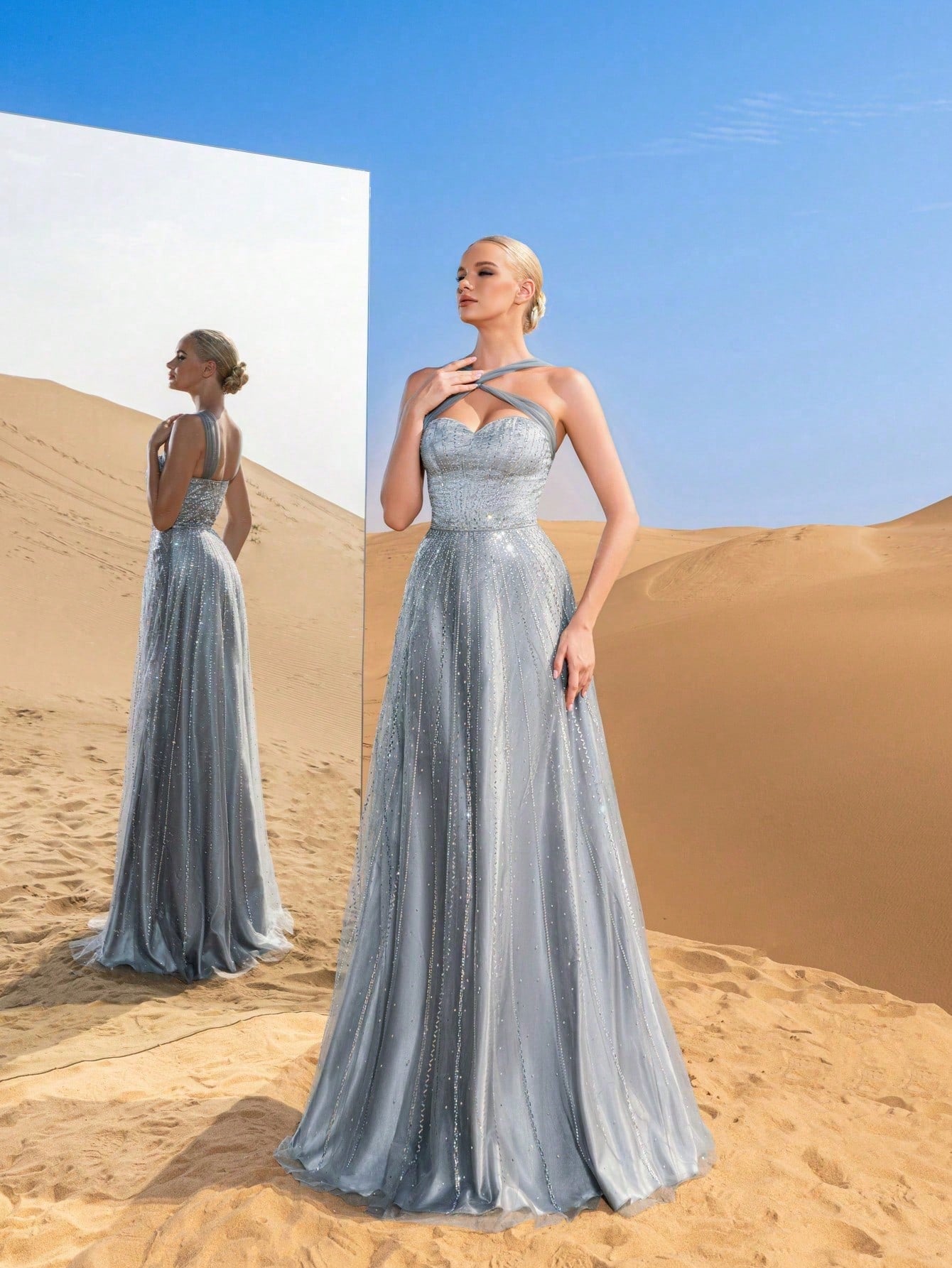 Luxury Cross-Strap A-Line Evening Gown with Beaded Embellishments
