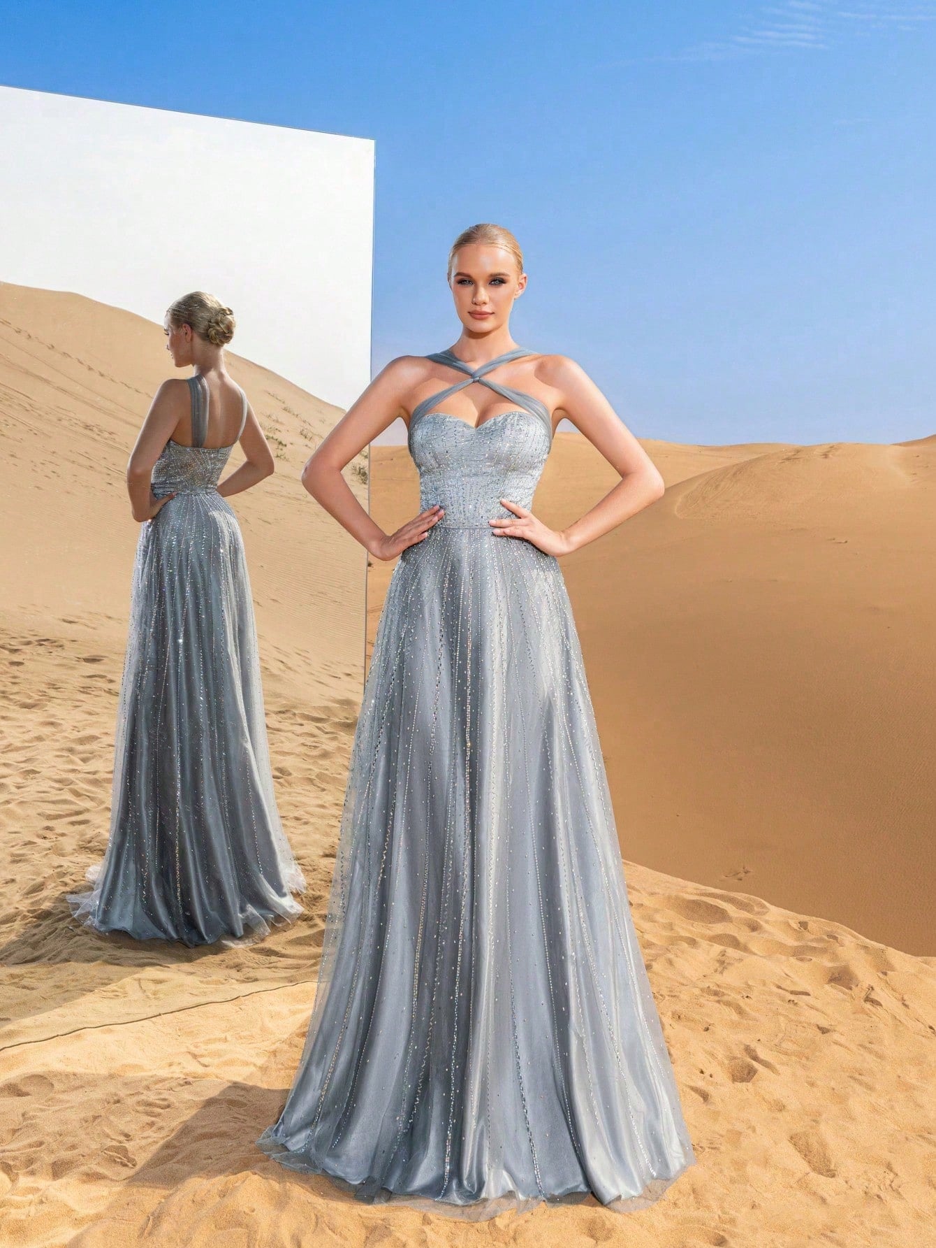 Luxury Cross-Strap A-Line Evening Gown with Beaded Embellishments