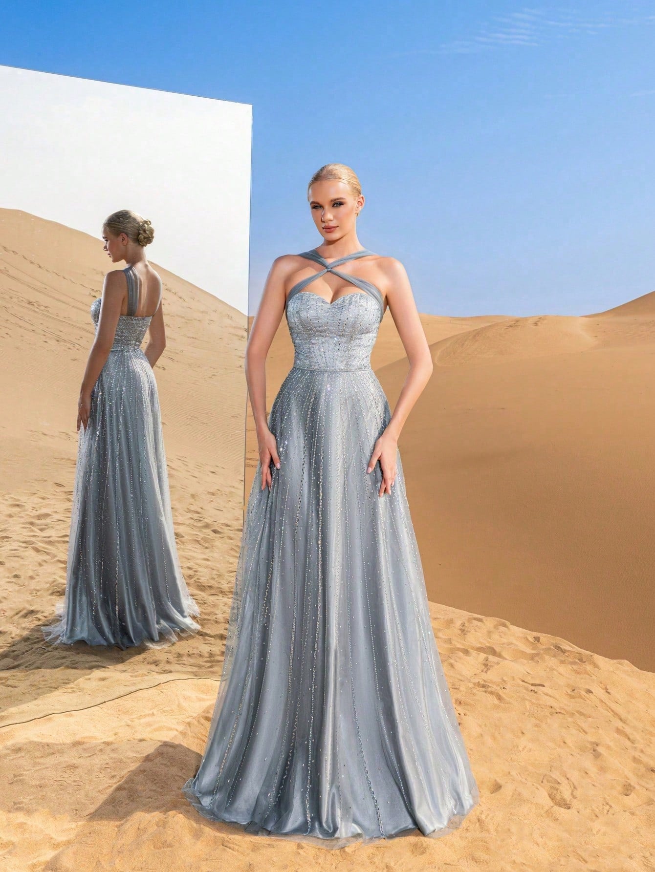 Luxury Cross-Strap A-Line Evening Gown with Beaded Embellishments